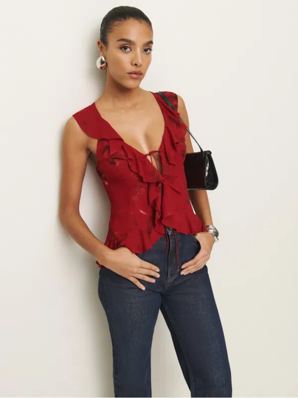 Reformation Paulette Top - Red Ruffle Tie-Front V-Neck Sleeveless Blouse